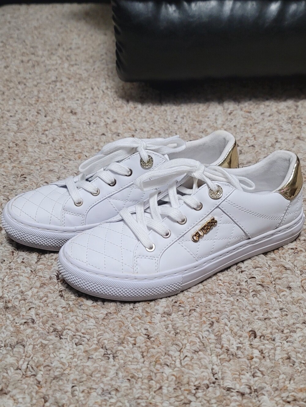Guess Loven White Quilted Lace-Up Sneakers with Gold & Rhinestone Accent